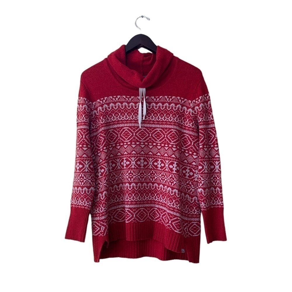 Eddie Bauer Red and White Fair Isle Cowl Neck Wool Blend Pullover Sweater Size L